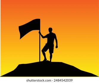 Mountain Climber on top of the Hill with a Flag in Sunset. Adventures and nature trips concept vector