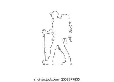 Mountain climber outline. male climber with backpack. walk with the help of trekking poles.