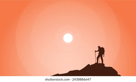 mountain climber silhouette background. Traveler climb with backpacks and travel walking sticks. silhouette of a person in the mountains. A Man hiking in the mountains.