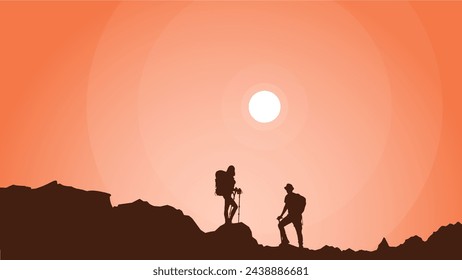 mountain climber silhouette background. Traveler climb with backpacks and travel walking sticks. silhouette of a person in the mountains. A Man hiking in the mountains.
