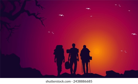 mountain climber silhouette background. Traveler climb with backpacks and travel walking sticks. silhouette of a person in the mountains. A Man hiking in the mountains.