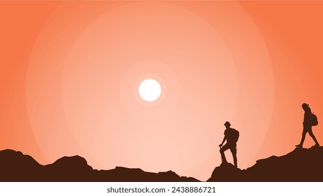 mountain climber silhouette background. Traveler climb with backpacks and travel walking sticks. silhouette of a person in the mountains. A Man hiking in the mountains.