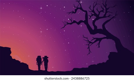 mountain climber silhouette background. Traveler climb with backpacks and travel walking sticks. silhouette of a person in the mountains. A Man hiking in the mountains.