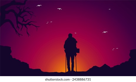 mountain climber silhouette background. Traveler climb with backpacks and travel walking sticks. silhouette of a person in the mountains. A Man hiking in the mountains.