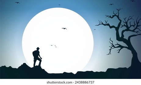 mountain climber silhouette background. Traveler climb with backpacks and travel walking sticks. silhouette of a person in the mountains. A Man hiking in the mountains.