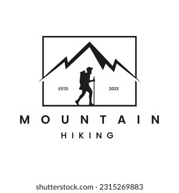 A mountain climber silhouette illustration, depicting a hiker. A premium vector logo with a vintage retro style