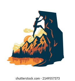 Mountain Climber. Silhouette Of A Climber On A Cliff With Mountains, Lake And Forest As A Background. Vector Illustration In The Vintage Style For T-shirts, Graphic Prints