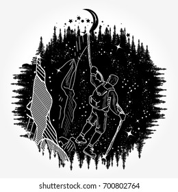 Mountain climber silhouette tattoo art. Man climbing on rock, moon on a rope. Symbol travel, tourism, adventure 