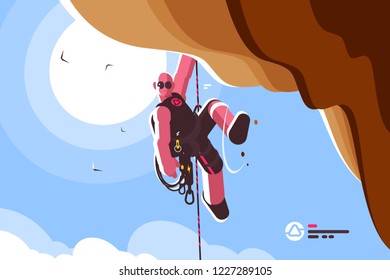 Mountain climber with special equipment vector illustration. Free mountaineer hanging down and holding on sheer cliff flat style concept. Blue sky and bright sun on background