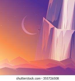 Mountain climber at sunrise. Man climbing a high mountain at dawn surrounded by beautiful desert landscape vector illustration wallpaper. Success, persistence, accomplishment concept theme