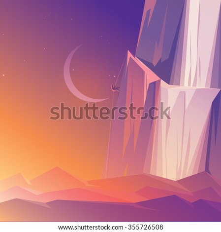 Mountain climber at sunrise. Man climbing a high mountain at dawn surrounded by beautiful desert landscape vector illustration wallpaper. Success, persistence, accomplishment concept theme