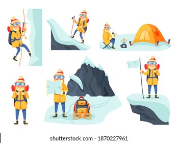 Mountain climber trekking or hiking in winter season set. Extreme sport lover overcoming snowy ridge camping, looking for safe route in paper map vector illustration isolated on white background