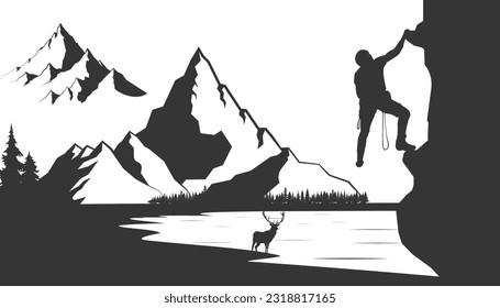 Mountain climber walpaper for desktop. climber on a cliff with mountains as a background. 3D Illustration