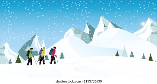 Mountain climbers with backpacks walking through heavy snow in winter season, Climbing and mountaineering sport, cartoon vector illustration.