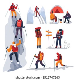 Mountain climbers with backpacks walking in winter season, isolated characters vector. Climbing and mountaineering sport, trekking with sticks. Campfire on snow and camping, direction pointer