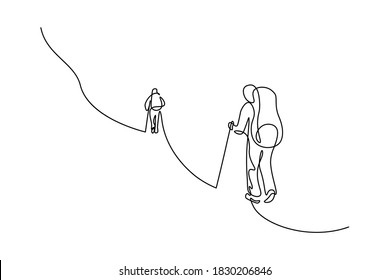 Mountain climbers in continuous line art drawing style. Two backpackers ascending mountain. Hiking and mountaineering. Black linear sketch isolated on white background. Vector illustration