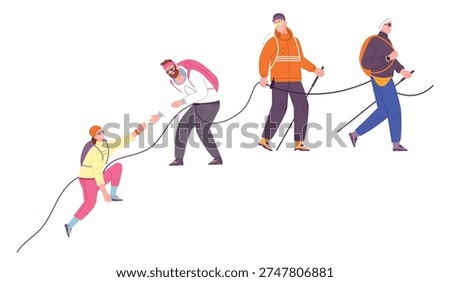 Mountain climbers group on rope together. Teamwork travel people