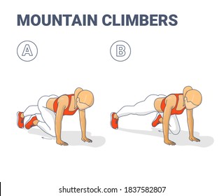 Mountain Climbers Home Workout Woman Exercise Guide Illustration. Colorful Concept of Girl Working at Home on Her Abs a Young Female in Sportswear Top, Sneakers, and Leggings Doing Sport Training.