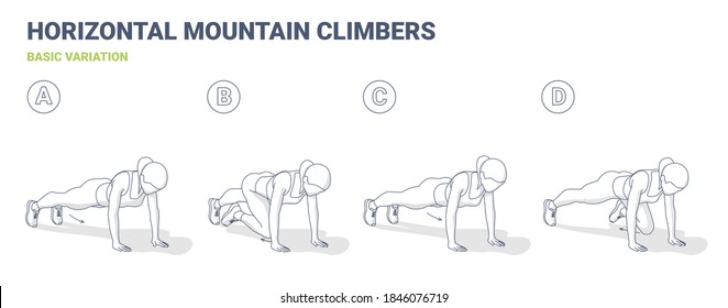 Mountain Climbers Home Workout Woman Exercise Guide Illustration. Black And White Concept Of Girl Working At Home On Her Abs A Young Female In Sportswear Doing Sport Training.