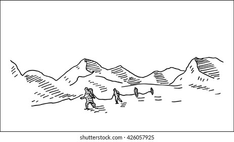 mountain  climbers team hand drawn sketch vector illustration