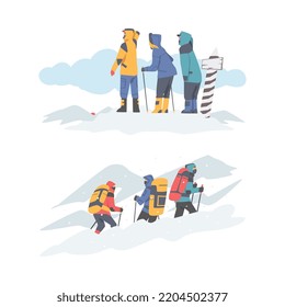 Mountain climbers trekking with sticks in winter season set. Mountaineers overcoming snowy ridge cartoon vector illustration