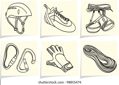 Mountain climbing accessories and equipment on yellow memo sticks. Vector illustration.