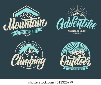 Conjunto de logotipo ao ar livre de escalada de montanha aventura