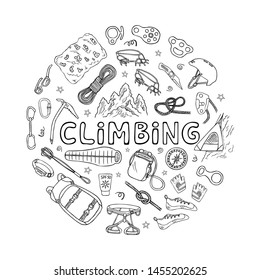 Mountain climbing or alpinism equipment and accessories doodle icons set. Hand drawn vector illustration