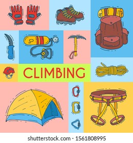 Mountain climbing, alpinism and mountaineering vector illustration. Hiking equipment cartoon symbols poster or card for invitation. Icons of hiker adventures
