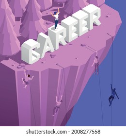 Mountain Climbing Attitude Dedication Perseverance As Successful Career Metaphor Isometric Composition With Storming Steep Slope Climbers Vector Illustration 