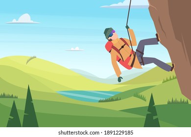 Mountain climbing background. Adult characters hiking in big rock extreme sport people vector adventure illustrations