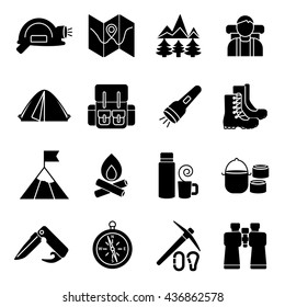 Mountain Climbing Black Icon Set Equipment And Tools Of Tourist Isolated On White Background Vector Illustration
