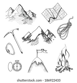 Mountain climbing camping decorative icon set with map rope compass campfire isolated vector illustration