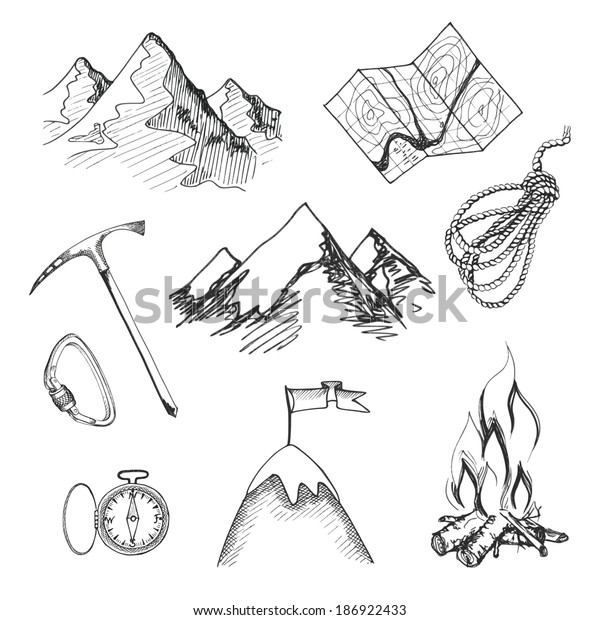 Mountain climbing camping\
decorative icon set with map rope compass campfire isolated vector\
illustration