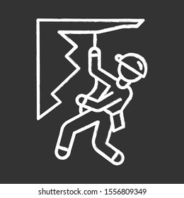 Mountain climbing chalk icon. Mountaineering. Abseiling, rappelling descend. Spelunking. Person descending off cliff face. Mountaineer sliding down rope. Isolated vector chalkboard illustration