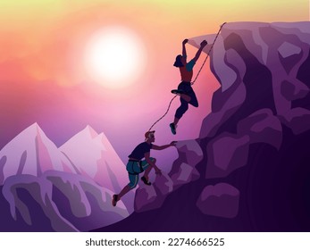 Escalada de montaña, equipo de escaladores de conquista. Ascenso a la meta de cumbre, solidaridad y ayuda, cohesión de dúo. Hombre y mujer en un acantilado extremo. Ejercicios de montañismo. Concepto exacto de ilustración de vector