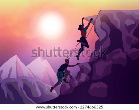Mountain climbing, conquest climber team. Ascent on summit to goal, solidarity and help, duo cohesion. Man and woman on extreme cliff. Mountaineer exercises. Vector illustration exact concept