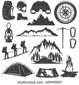 Mountain climbing decorative icons set with rocks tent bonfire map lantern helmet backpack compass isolated vector illustration