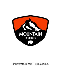 Mountain climbing. Emblem template with rock peak. Design element for logo, label, emblem, sign, poster. Vector illustration