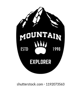 Mountain climbing. Emblem template with rock peak. Design element for logo, label, emblem, sign, poster. Vector illustration