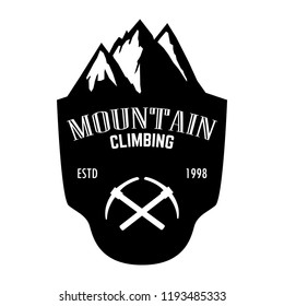 Mountain climbing. Emblem template with rock peak. Design element for logo, label, emblem, sign, poster. Vector illustration