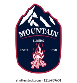 Mountain climbing. Emblem template with rock peak. Design element for logo, label, emblem, sign, poster. Vector illustration