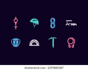 Mountain climbing equipment and accessories vector icon set. Climbing shop items. Mountaineering sport signs.