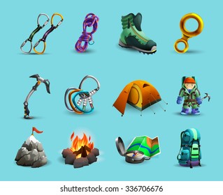 Mountain Climbing Equipment And Tools 3d Icons Set With Ice Axe And  Harness Abstract Isolated Vector Illustration
