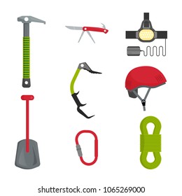 Mountain climbing equipment tools and accessories icons set with ice axe and harness abstract isolated vector illustration