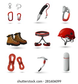 Mountain Climbing Equipment Tools And Accessories Icons Set With Ice Axe And Harness Abstract Isolated Vector Illustration