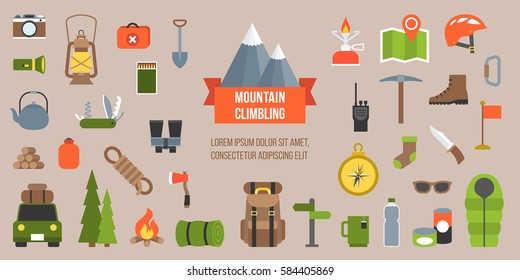 Mountain Climbing Equipments Pictogram, Icon And Elements In Flat Design