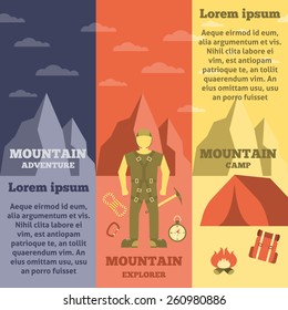 Mountain climbing exploring adventure camp and rope safety equipment informative vertical banners set flat abstract vector illustration