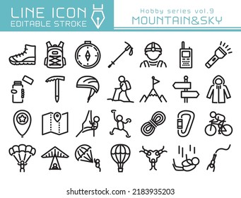 Montaña de escalada y juego de iconos vectores deportivos extremos. Icono de línea modificable.
