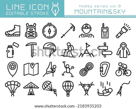 Mountain climbing and extreme sports vector icon set. Editable line stroke.